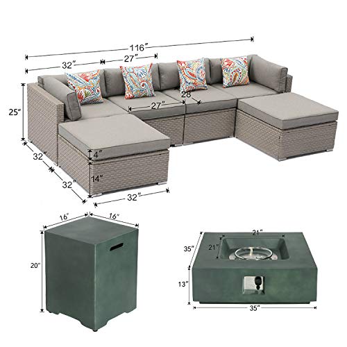 Cosiest 8-Piece Fire Pit Table Outdoor Furniture Sofa, Gray Wicker Cushion Sectional W 35-Inch Square Celadon Fire Heater (50,000 Btu) W Wind Guard And Tank Outside(20Lb) For Garden,Pool #TOP1