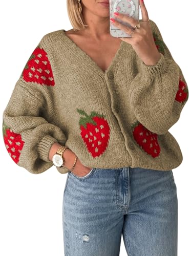Women Button Down Sweater V Neck Cable Knit Crop Cardigan Y2K Kawaii Strawberry Embroidery Cardigan Sweater