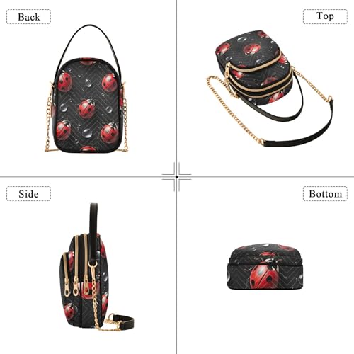 Woman Shoulder Handbag Pattern Chain Strap Cell Phone Purse Quilted Designer Clutch Ladies Zipper Tote Red Ladybugs Black Spots4
