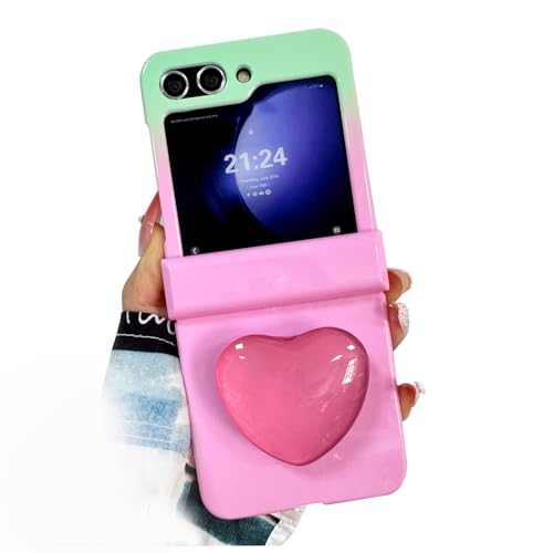 GO-VOLMON Cute Case for Samsung Galaxy Z Flip 5 with Love Heart Kickstand, Girly Hinge Protect Cover, Hard PC Woman Stand Case for Galaxy Z Flip 5 -Pink