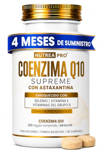 Coenzima Q10 200mg Fórmula Supreme con astaxantina natural pura, Vitaminas B2, B6, B12, Vitamina E y Selenio | 120 Cpr (4 Meses) | Q10 coenzima NUTREA PRO®