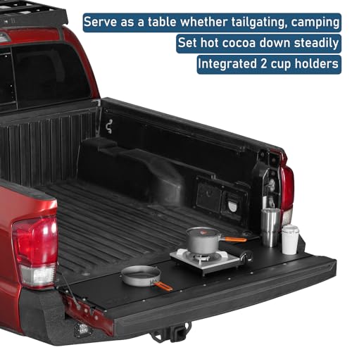 Image of u-Box Tacoma Tailgate Panel Table Mat Pad Plate Cover for 2005-2023 Toyota Tacoma 2nd 3rd Gen Pickup Trucks - Black Plastic Camping Board with Cup Holder