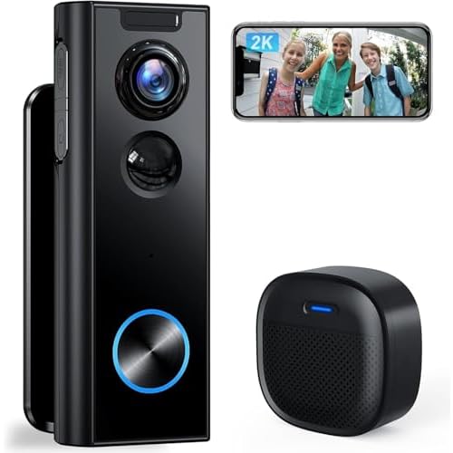 XTU Doorbell Camera Wireless No Subscription, 2K Video Doorbell with Chime, 2-way Audio, Instant Alert, Human Detection, Night Vision, 2.4G Wi-Fi, Works with Alexa and Google Assistant, Indoor Outdoor
