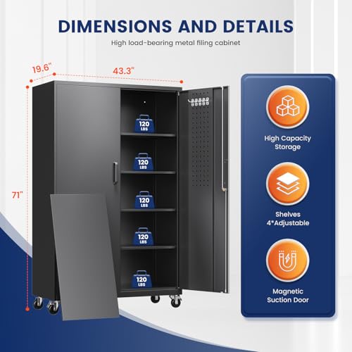 Image of Yizosh Metal Garage Storage Cabinet with Locking Doors and Adjustable Shelves,- 71 inch Rolling Steel Tool Cabinet for Home Office,Garage,Warehouse