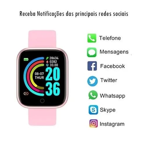 Smartwatch D20/Y68 Notificações Controle de Música Dados corporais Tela de 1,3 Polegadas (Rosa)