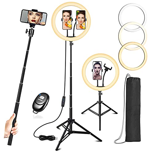12" Ring Light with 67" Extendable Tripod Stand & 2 Phone Holders, AsFrost Dimmable LED Selfie Ring Light for Makeup/Live Stream/YouTube Video/TikTok/Photography, Compatible with iPhone Android