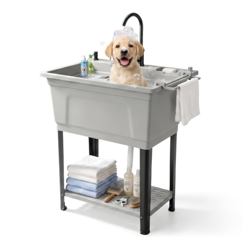 Image of VINGLI Freestanding Utility Sink with Faucet, 36 inch Heightened Basin for Laundry, Garage, Outdoor Garden, Pet Wash, Heavy Duty Plastic Laundry Tub with Storage Shelf (Gray, 32 inchLx24 inchWx36 inchH)
