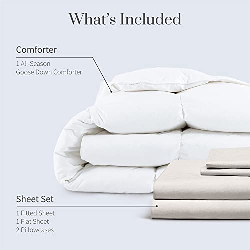 Everspread Perfect Percale Bedding Bundle - 4 Piece Sheet Set (Full, Light Beige) & Goose Down Comforter (Full) #TOP1