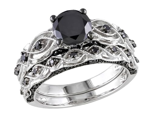 1.39 Carat (ctw) Black Diamond Engagement Ring and Wedding Band Set in 10K White Gold