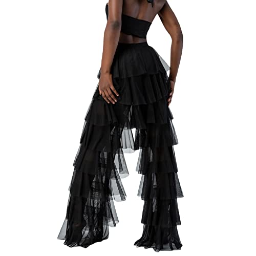 Women Layered Ruffle Tulle Pants High Waist Wide Leg Long Trousers Sheer Mesh Tiered Party Pants4