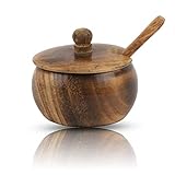 Decorative Rustic Wooden Sugar Bowl & Spoon With Lid Wide Mouth Candy Treat Jar Spice Jar Holder Condiment Nuts Serving Bowl Pot Salt Spice Herb Loose Leaf Tea Storage Container Novelty Home & Kitchen