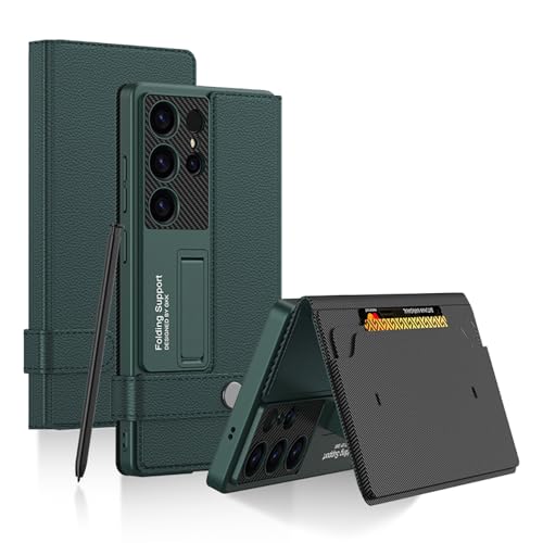 Image of Midkart Leather Flip Cover Compatible with Samsung Galaxy S25 Ultra with Card Holder Built-in Kickstand Magnetic Belt Lock Inner Hard PC with Full Body and Camera Protection, Green