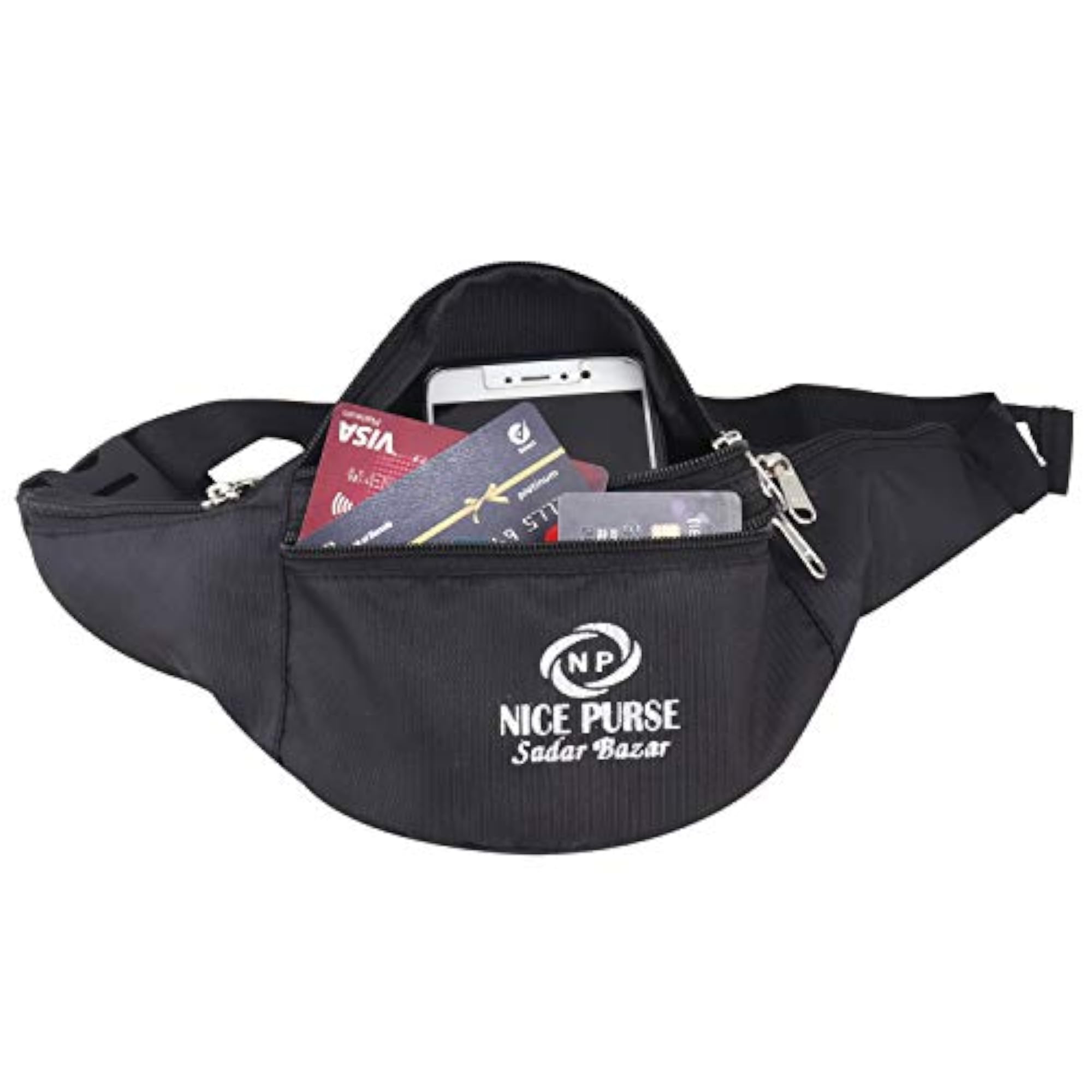 Adjustable Strap Black Polyester Waist Bag, 5 Compartment