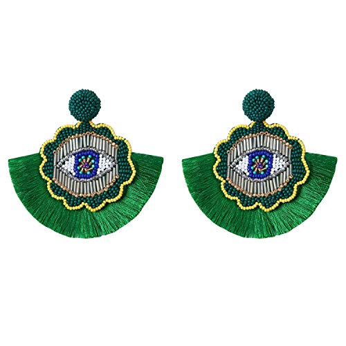 Giwnhvx Pendientes Colgantes Bohemios con Cuentas - Pendientes Colgantes de Gran TamañO de Ojo Hechos a Mano con Borlas de Abanico DeclaracióN de Boho para Mujeres Verde
