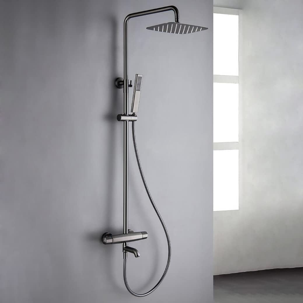 Soffione Doccia di Lusso in Ottone Grigio con Sistema termostatico - Miscelatore a 3 funzioni Regolabile in Altezza con deviatore per Vasca e soffione a spruzzo, Set Doccia Premium per bagn