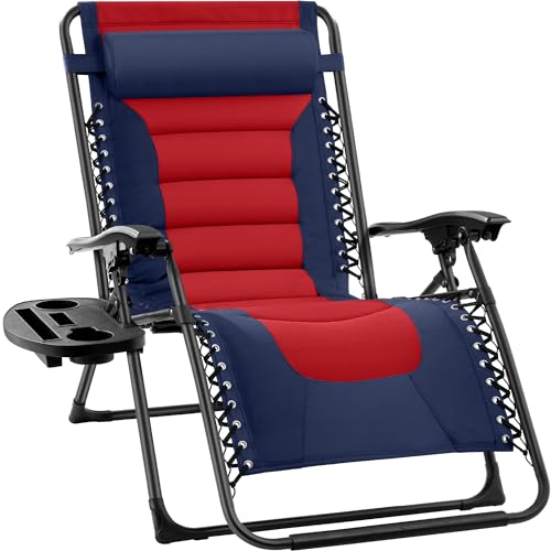Best Choice Products Oversized Padded Zero Gravity Chair, Folding Outdoor Patio Recliner, XL Anti Gravity Lounger for Backyard w/Headrest, Cup Holder, Side Tray, Polyester Mesh - Navy/Red -  SKY7279