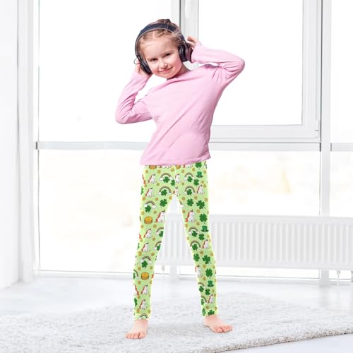 Unicorn Rainbow Clovers Pattern Girls Leggings Soft Comfortable Athletic Leggings Dancing Pants for 4-10 Years4