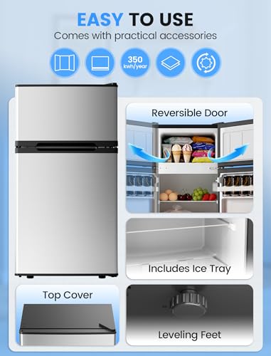 Image of COWSAR 2.5 Cu.Ft Mini Fridge with Freezer, Double Reversible Door Compact Apartment Refrigerator with 2 Removable Shelves, Commercial Dorm Fridge for Bedroom, Office, Kitchen, Dorm, Silver