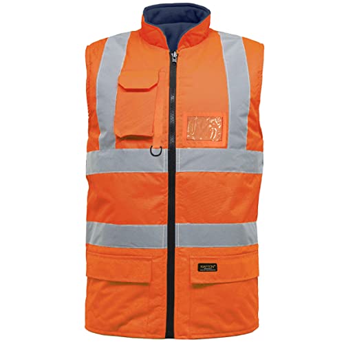 Image of Hi Vis Reversible Fleece Gilet Reflective Saftey Security Work Jacket Protective Waistcoat Bodywarmer (Orange, S)