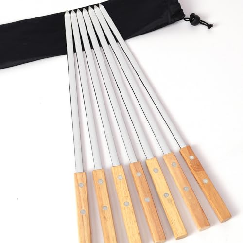 GXFCING 7 Piezas Brochetas Barbacoa de Acero Inoxidable SUS304 con Mangos de Madera 42cm Pinchos Barbacoa de Metal Plano Reutilizables Palos De Brocheta para Brochetas Fruta Fiesta de Parrilla