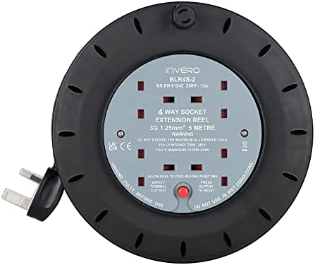 Invero® 4 Way Mains Socket with 5M Extension Lead Reel Cable - Heavy Duty British Approved 13A ideal for Workshops Home Use DIY and more - 5 Meter