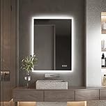 furduzz Illuminated Backlit LED Bathroom Mirror, 600x450mm Wall Mounted Multifunction Bathroom Vanity Mirror with Touch Button 3 Colour Light Dimmable Anti Fog Make Up Mirror, Vertical/Horizontal