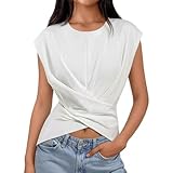 Women's Short Sleeve Round Neck T Shirt Fashion Criss Cross Hem Tops Summer Casual Fitted Wrap Tie Back Blouses White