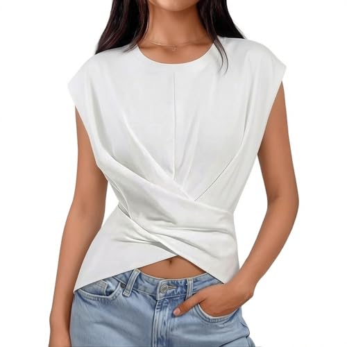 Women's Short Sleeve Round Neck T Shirt Fashion Criss Cross Hem Tops Summer Casual Fitted Wrap Tie Back Blouses White