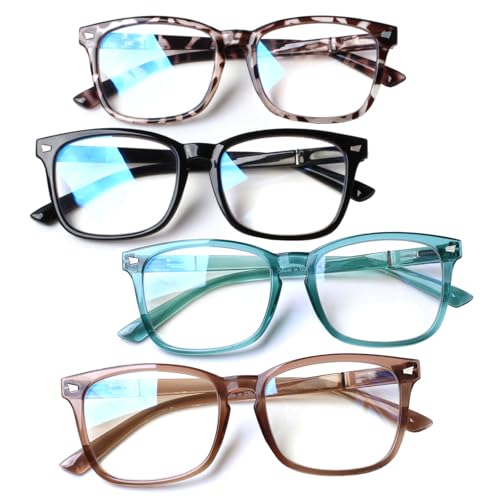 Image of Henotin 4-Pack Blue Light Blocking Reading Glasses Women Men,Spring Hinge Computer Readers,Anti UV Ray Square Nerd Eyeglasses (4-pack Mix Color, 2.00, Diopters)