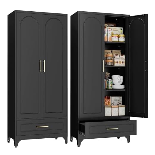SteeLoong Metal Storage Cabinet with Drawers,75Inch Black Pantry Cabinets for Kitchen Storage with 3 Adjustable Shelves,Tall Kitchen Pantry Cabinet for Living Room, Dining Room，Office