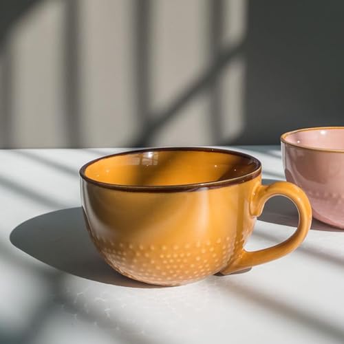 kyaoayo Kaffeetasse Tasse, Groß Keramik Suppentassen, 700 ml Mikrowellen Suppenschüssel, Müslischalen mit Henkel, Porzellan Kaffeebecher für Müsli Suppen, Salat Schale, Schüssel (Gelb)