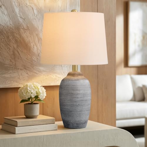 Image of 24.5 inch Ceramic Rustic Lamp for Living Room with Pre-Attached Shade | Single Gray Bedside Lamps, Hand-Textured Farmhouse Vintage Table Lamps for Bedroom Nightstands, End Table Home Decor,5FT Cord