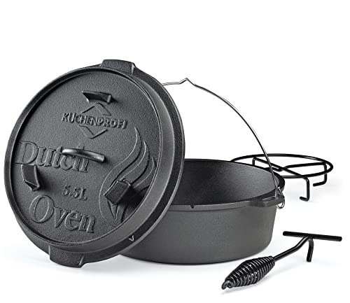 Küchenprofi Horno holandés de hierro fundido, 5,5 L, 30 cm de diámetro, sin patas, olla de hierro fundido lista para quemar con elevador de tapa, para la parrilla, fogatas, todo tipo de fuegos (incluye inducción) y horno