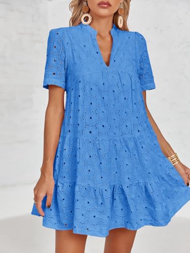 Image of Imily Bela Womens Summer Lace Dresses Eyelet Casual Flowy Babydoll Swing Short Sleeve V Neck Tunic Dress