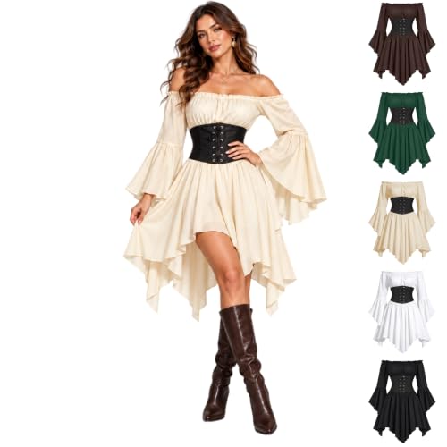 Qaezyco Pirate Costume Women,Pirate Costume Women Bell Sleeve Off Shoulder Corset Dress 2026 Halloween Medieval Renaissance Cosplay Costumes(01_Beige,X-Small) - image 1