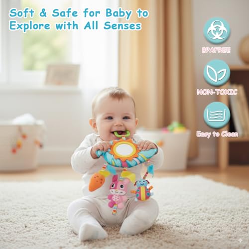 Image of SNOWIE SOFT Baby Toys for 6 to 12 Months Hanging Plush Cartoon Crib Toy with Mirror, Rattles and Stuffed Plush Toy Pendants, Soft Crib Stroller Car Seat Sensory Stuffed Toys New Born Baby Gifts