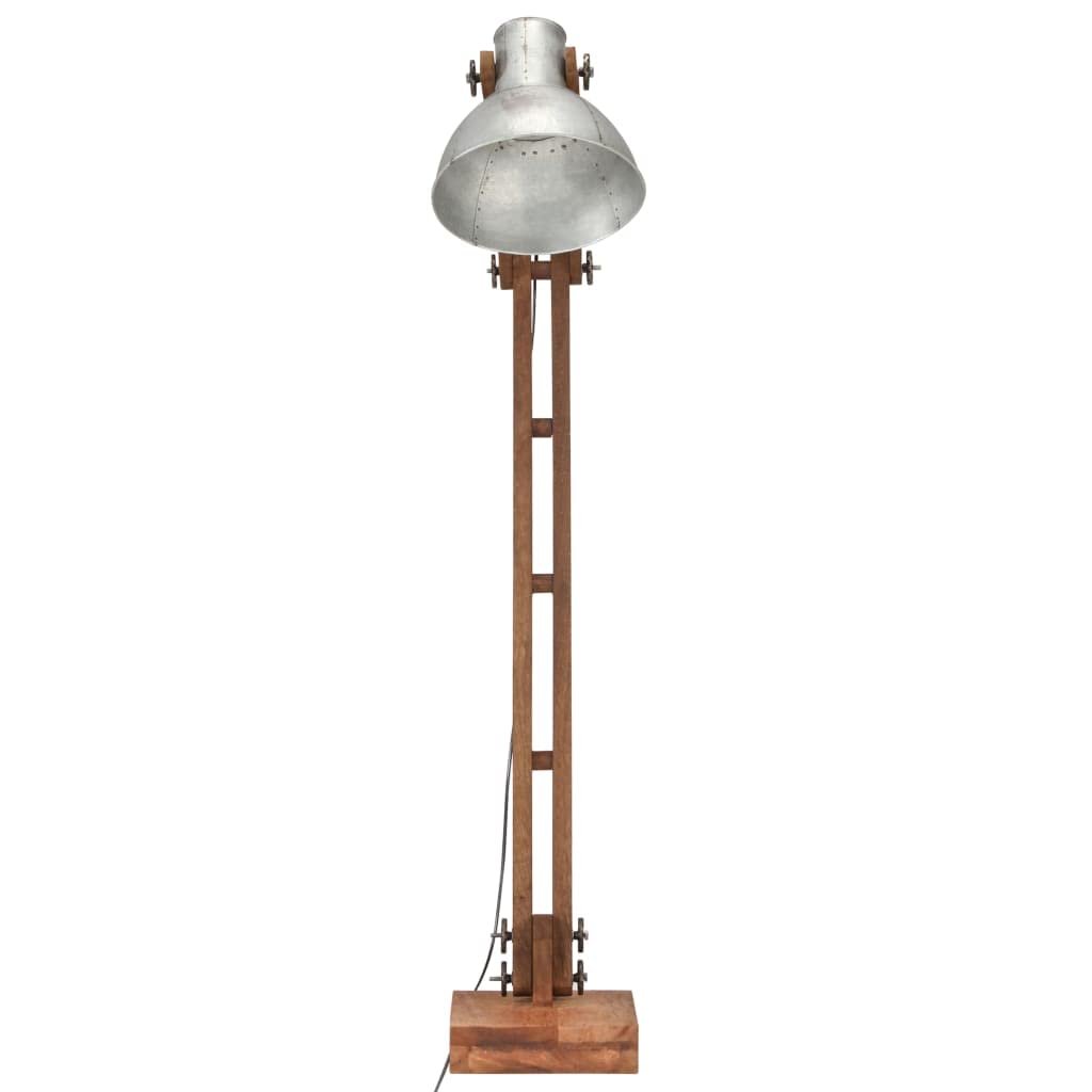 Srebrna lampa stojąca z litego drewna mango i regulowanym żelaznym kloszem, oprawa E27, możliwość ściemniania, do salonu, sypialni, korytarza, biura, nowoczesny industrialny design