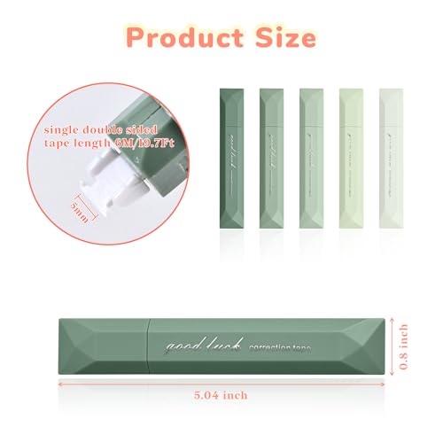 Temiary 5 Pcs White Correction Tapes, Aesthetic Correction Tape Pens Smooth Pull Out, Easy to Use Pen Shaped Applicator for Students School Office Supplies (Green) - Thumbnail 2