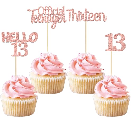 Gyufise 24 Pack Glitter 13th Birthday Cupcake Toppers Hello 13 Thirteen Cake Toppers Official Teenager Cupcake Picks 13th Birthday Party Cake Decorations Supplies