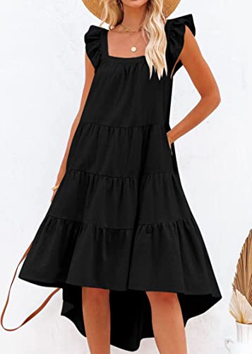 Kirundo Women 2023 Summer Sleeveless Ruffle High Low Square Neck Midi Dress Loose Fit Pleated Flowy Holiday Beach Sun Dress(Black, Large) #TOP1