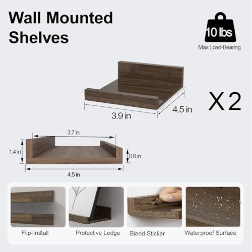 Image of Small Walnut Floating Shelves for Wall, 4 in Shelf with Lip Set of 2