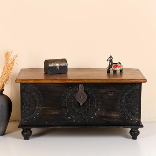 Image of Rafi Wooden Trunk Box for Storage | Solid Wood Coffee Table for Living Room | Center Coffee Table with Storage | Front Wooden Carved Sandook Pitara for Home Decor & Bedroom (Black Distress)