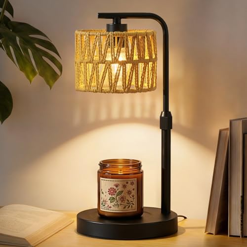 Candle Warmer Lamp, Timer Dimmable Candle Lamp, Adjustable Height and Brightness Candle Warmer, Boho Rattan Lampshade and 2 Bulbs, Suitable for Home Decor, Birthday Gifts for Women Mom (Black)