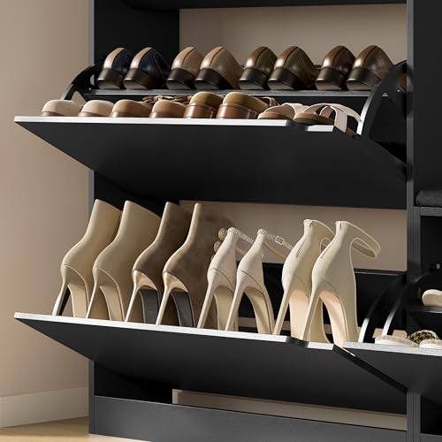 Image of BORNOON Shoe Cabinet with Bench and 3 Flip Drawers, Slim Narrow Shoe Storage Cabinet, Freestanding Shoe Rack Organizer with Adjustable & Removable Shelves, Anti-Tip for Entryway, Hallway, Foyer