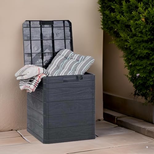 MA MAISON Aufbewahrungsbox für den Garten, 90 Liter, Holzoptik, Aufbewahrungsbox aus Kunstharz, Anthrazit, Maße 42,5 x 44 x 50 cm, für den Außenbereich und Innenbereich, UV-beständig