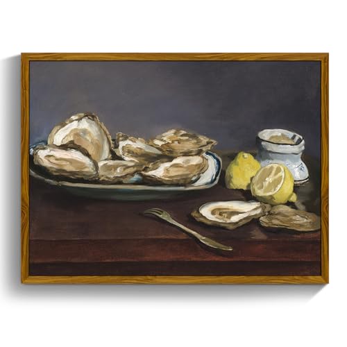 crmotu Vintage Framed Wall Art, Oysters and Lemon Kitchen Decor Painting, Still Life Artwork Canvas Prints, Rustic Farmhouse Wall Decor Living Room Dining Room Tabletop Aesthetic Pictures 8x10in