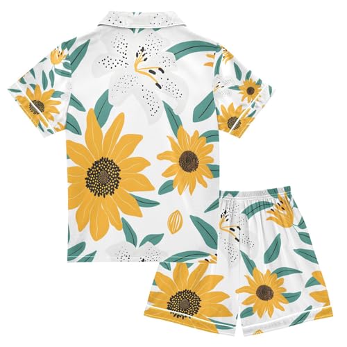 senya Sunflower and Lily Prints Satin Summer Pajama Sets Silk Short Sleeve Button Down Sleepwear2
