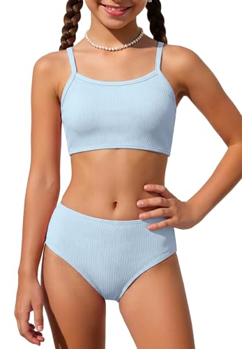 Image of Zando 2 Piece Ribbed Swimsuits for Teen Girls Kids Size 6-15 Years High Waisted Solid Cute Bikini for Summer Beach Wear
