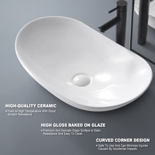 Tysun Vessel Sink Oval, 24'' X 14'' Bathroom Sink Above Counter, Porcelain Ceramic Bathroom Vessel Sink, White Bathroom Vessel Vanity Sink Art Basin #TOP2