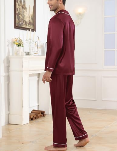 Image of Veseacky Mens Silk Satin Pajamas Set Short Sleeve Sleepwear Button-Down Pjs Sets Two-Pieces Loungewear with Pockets S-XXL